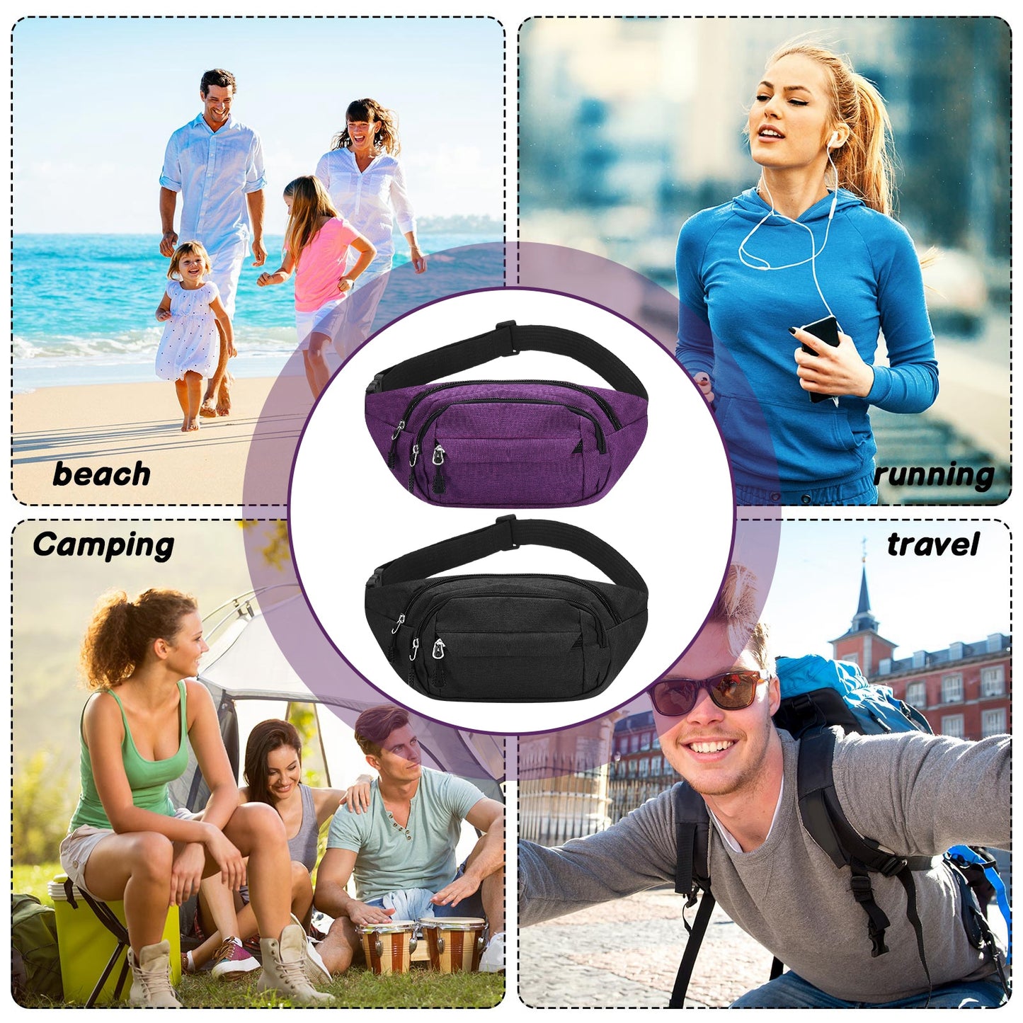 Walmart AOWOO 2 Pack Fanny Packs for Men and Women, Waist Bag with 3-Zipper Pockets, Water Resistant Sports Waist Pack Bag Bum Bag for Outdoors Sports Travel Hiking Running