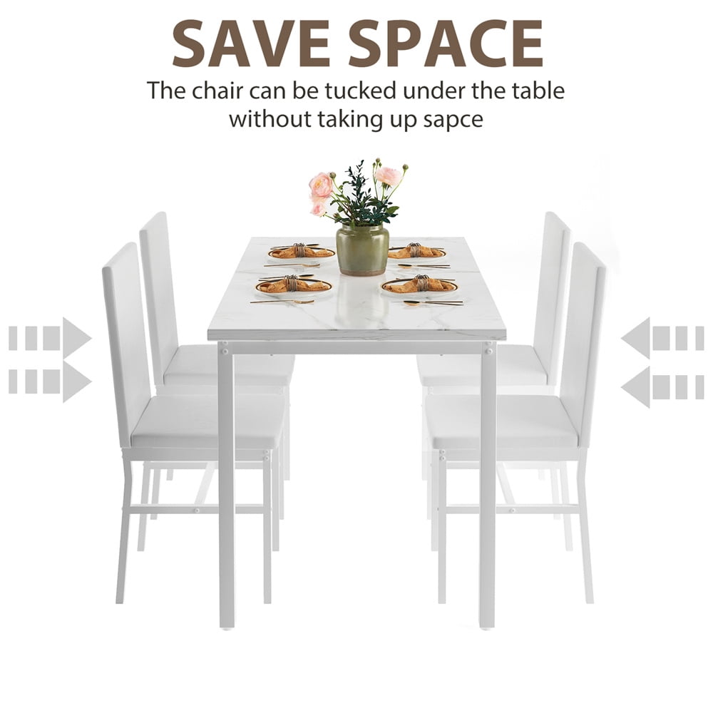 Walmart 5 Piece Dining Room Table Set, Modern Dining Table Sets with Beige PU Leather Chairs for 4, Faux Marble Pattern Rectangle Kitchen Table Set for Bar Living Room Breakfast Nook Small Space