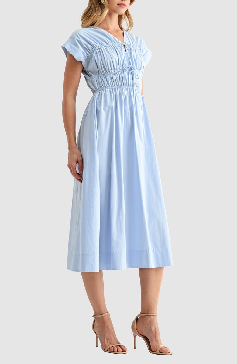 Lush Ruched Tie Front Midi Dress