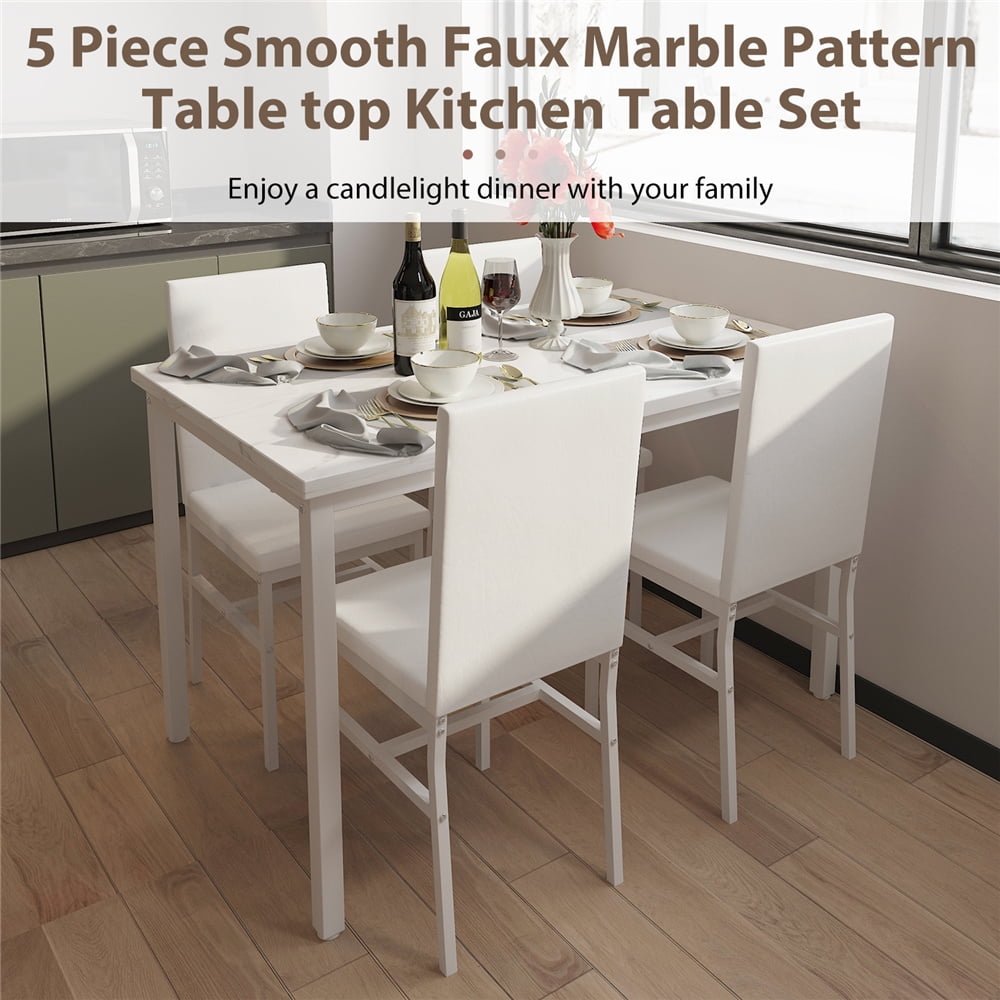 Walmart 5 Piece Dining Room Table Set, Modern Dining Table Sets with Beige PU Leather Chairs for 4, Faux Marble Pattern Rectangle Kitchen Table Set for Bar Living Room Breakfast Nook Small Space