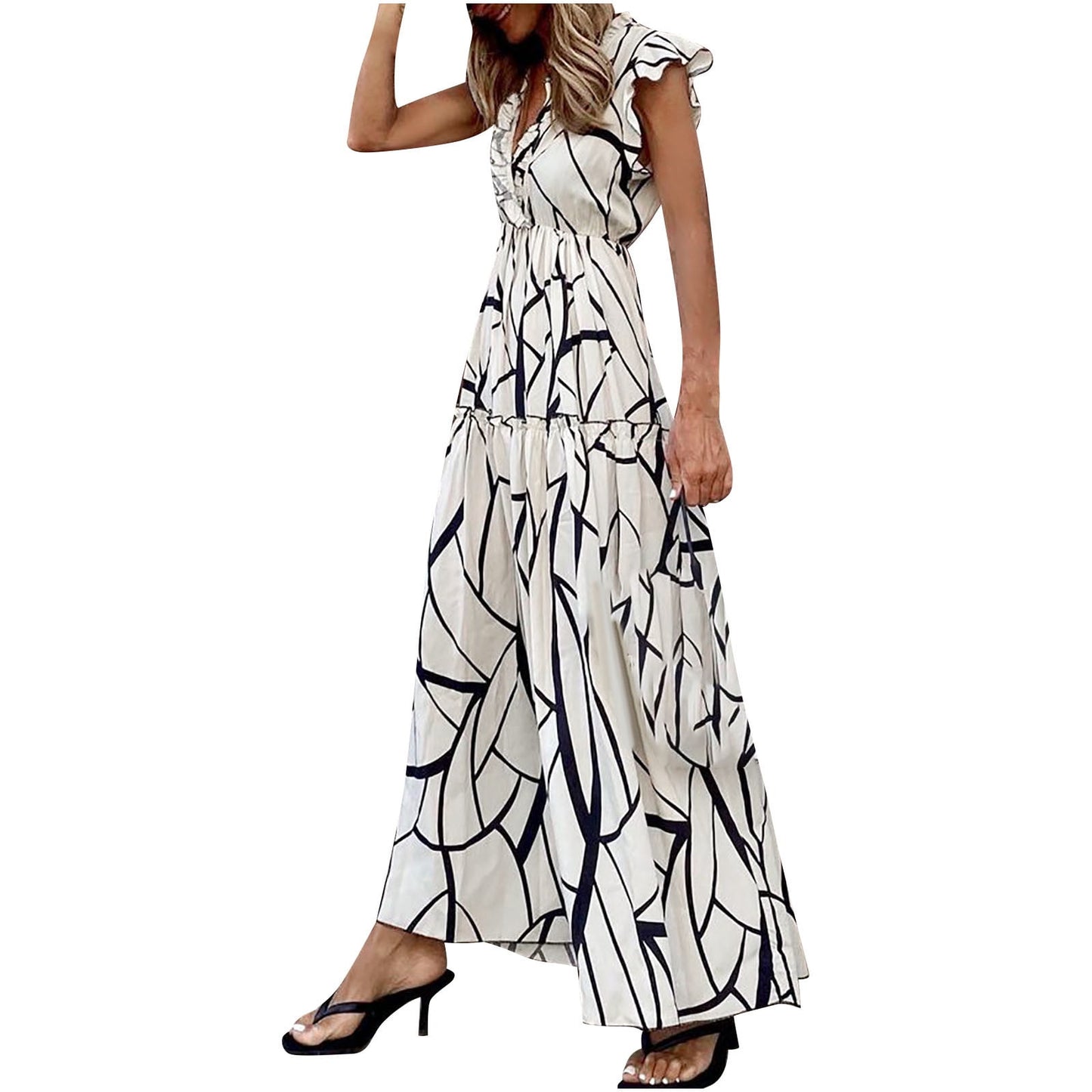 Walmart Cyber&Monday Deals Wycnly Womens Dresses Short Sleeve V-Neck Striped Print Casual Maxi Summer Dress High Waist Flowy Ruffle Swing Beach Sun Dresses White M