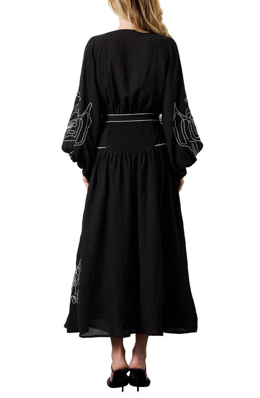 CIEBON Faye Embroidered Tie Waist Long Sleeve Maxi Dress