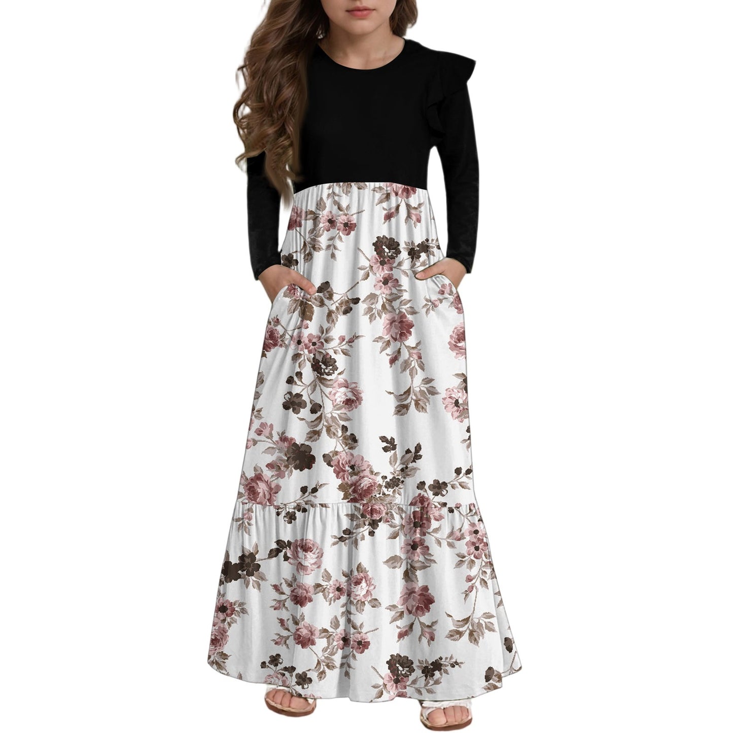Walmart Abcomgle Girls Maxi Dresses 7-8 Casual Patchwork Ruffle Long Sleeve Girls Long Dresses Vintage Floral Print Crew Neck Sundresses Tiered Flowy Dresses with Pockets,11-12 Years White