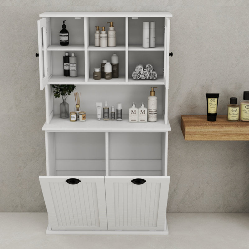 Callasandra Two-Compartment Tilt-Out Dirty Laundry Basket Tall Bathroom Cabinet with 2 Adjustable Shelves