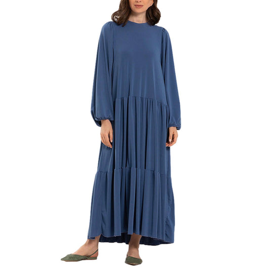 Walmart Ersazi Modest Dresses for Women Women's Plus Size Casual Dress High Collar Solid Color Long Sleeve Winter Fall Basic Casual Maxi Long Dress Daily Vacation Dress In Clearance Blue S