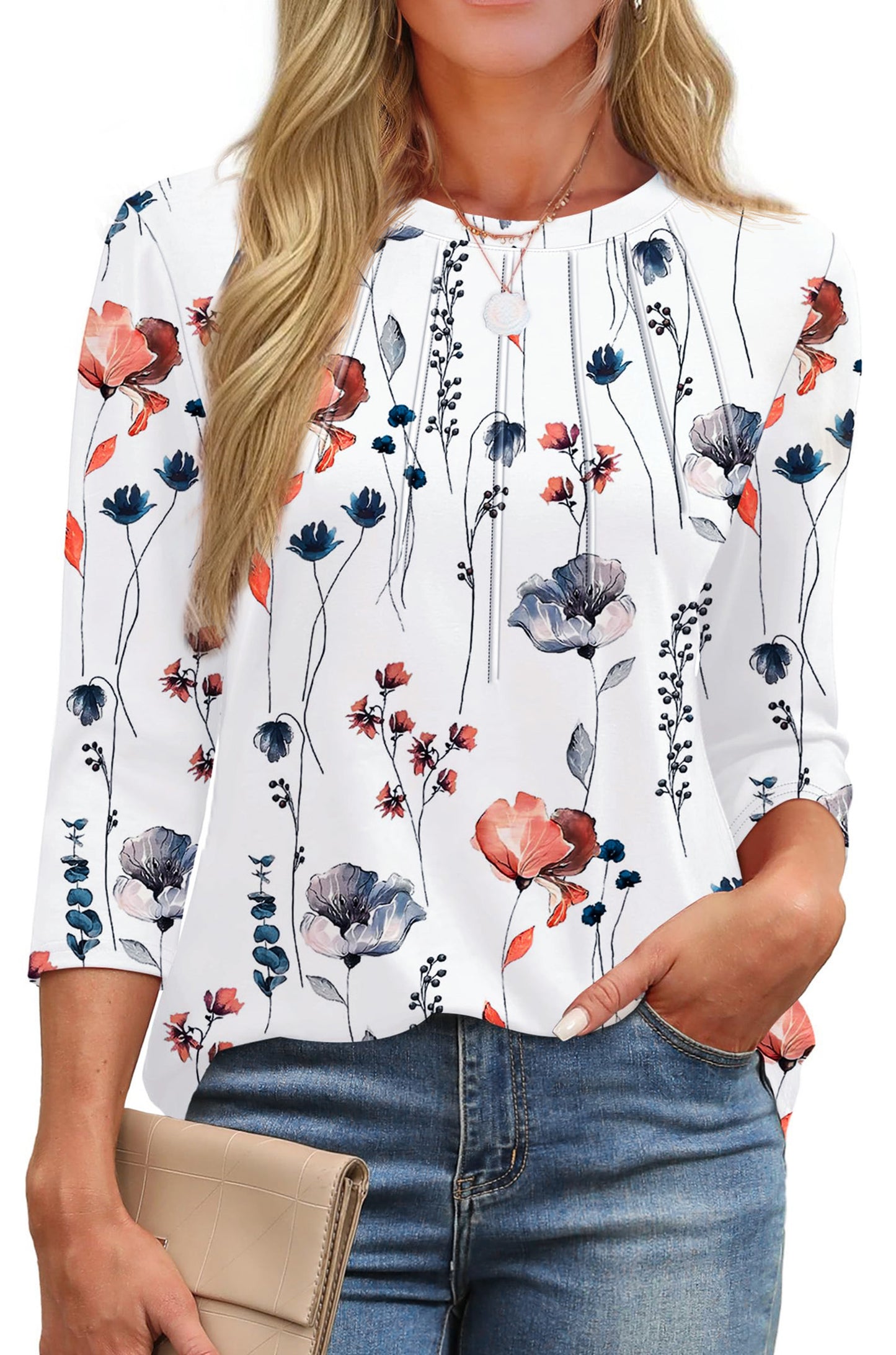 Walmart Fantaslook Womens Plus Size Tops 3/4 Sleeve Pleated Dressy Blouses Crew Neck Casual Tunic Tops Summer Shirts