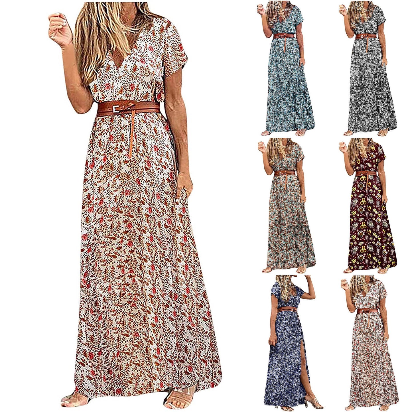 Walmart Rciityk Red Boho Dresses for Women 2024 Summer Casual V Neck Short Sleeve Vintage Print Maxi Dress Vacation Beach Bohemian Dress - Spring/Summer Savings Clearance