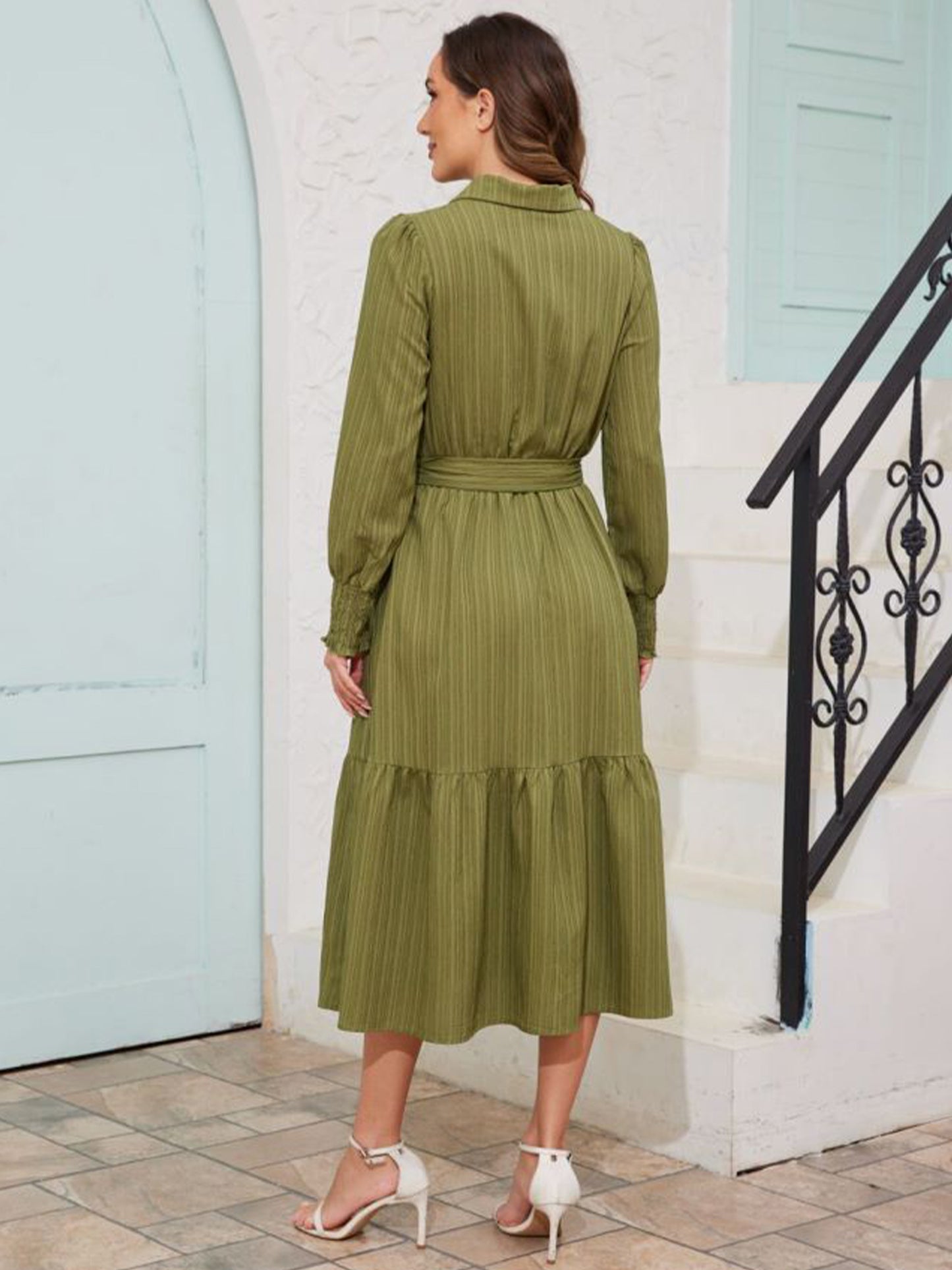 Walmart Frontwalk Fall Dresses For Women 2024 Lapel Neck Button Long Sleeve Dress Belted A-Line Flowy Rufflee Maxi Shirt Dress Casual Long Sundress Army Green XL