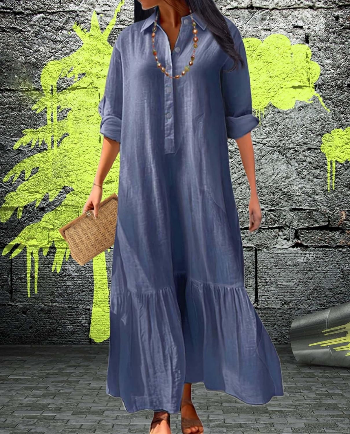 Walmart Womens Cotton Linen Dress Casual Button Down Long Sleeve Flowy Plus Size Lapel Collared Maxi Dresses Shirt Dress