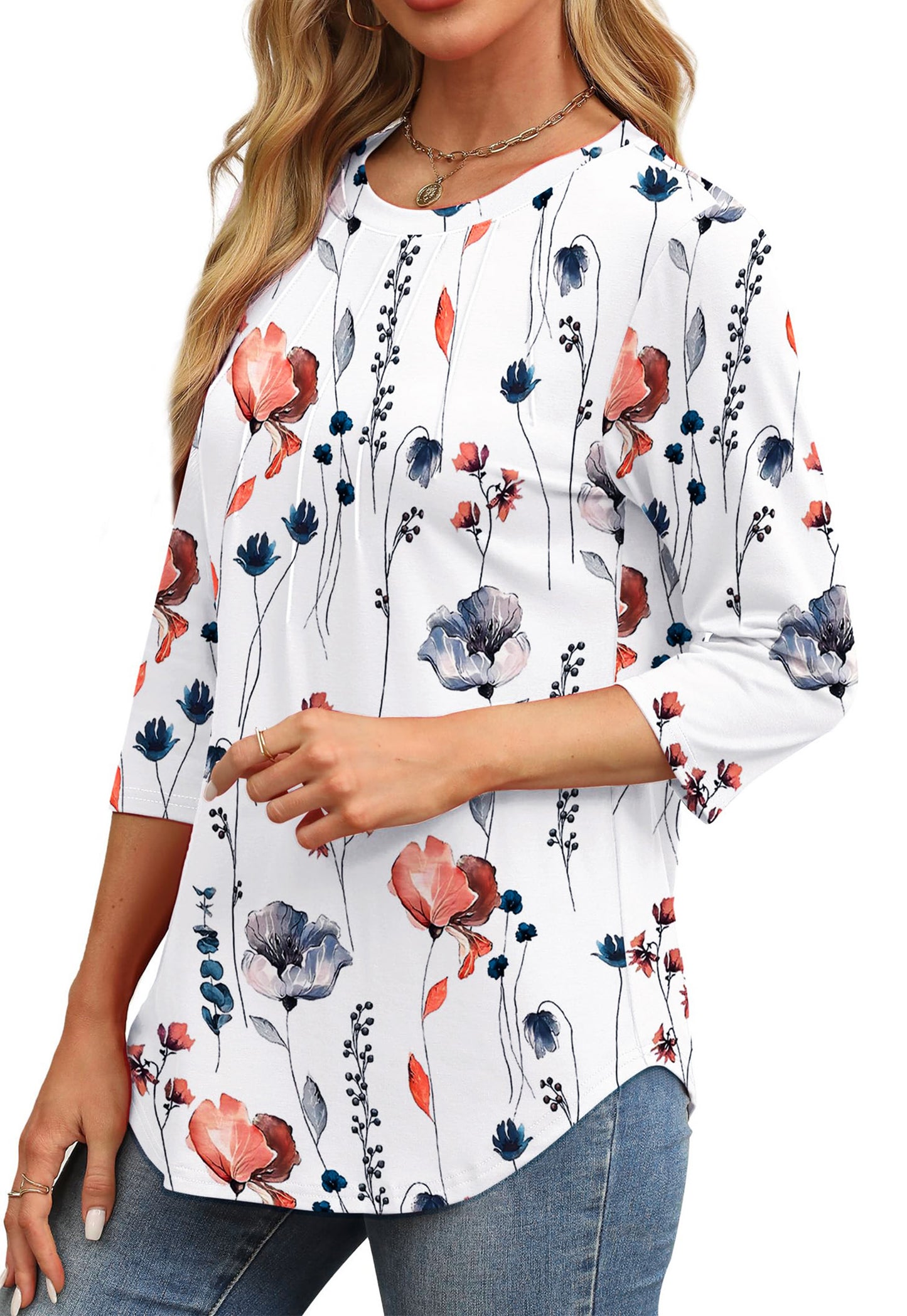 Walmart Fantaslook Womens Plus Size Tops 3/4 Sleeve Pleated Dressy Blouses Crew Neck Casual Tunic Tops Summer Shirts