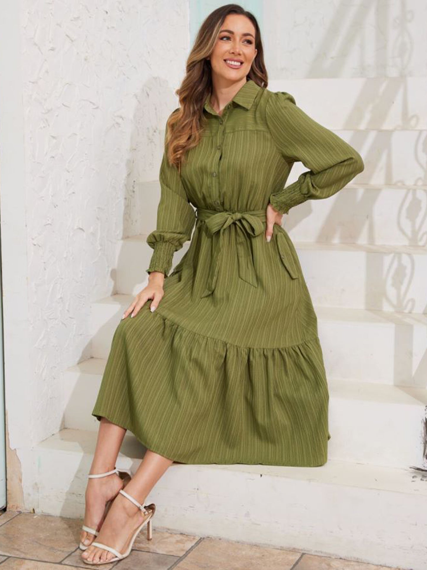 Walmart Frontwalk Fall Dresses For Women 2024 Lapel Neck Button Long Sleeve Dress Belted A-Line Flowy Rufflee Maxi Shirt Dress Casual Long Sundress Army Green XL