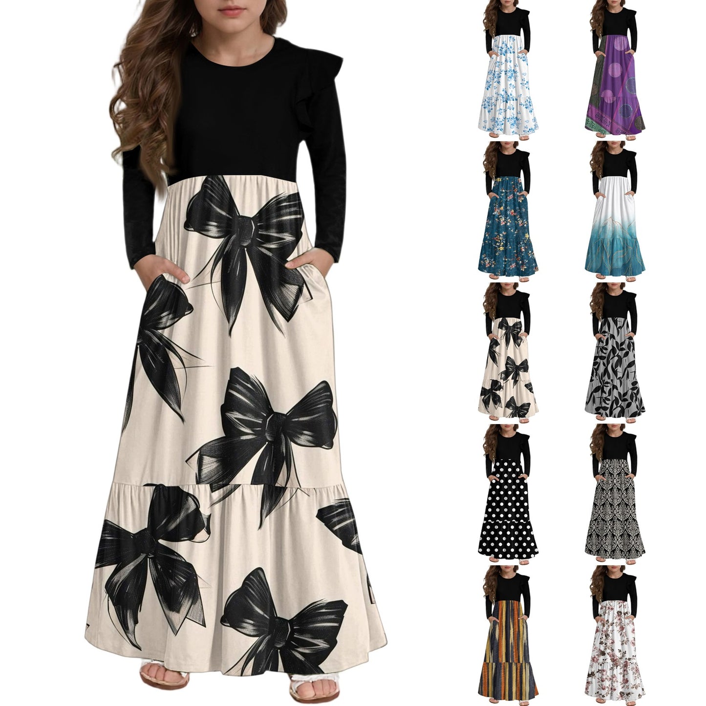 Walmart Abcomgle Girls Maxi Dresses Size 14-16 Casual Patchwork Ruffle Long Sleeve Maxi Dress Bownot Graphic Crew Neck Sundresses Loose Tiered Dresses with Pockets,11-12 Years Beige