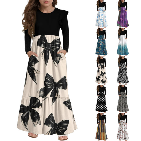 Walmart Abcomgle Girls Maxi Dresses 7-8 Casual Patchwork Ruffle Long Sleeve Girls Long Dresses Vintage Floral Print Crew Neck Sundresses Tiered Flowy Dresses with Pockets,11-12 Years White