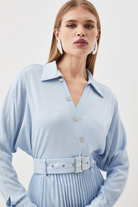 Jersey And Georgette Mix Belted Pleat Midi Dress