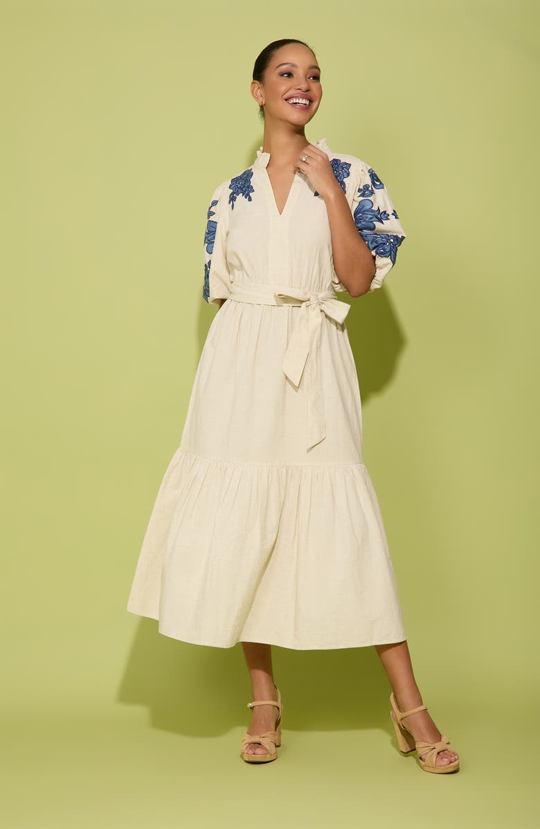 London Times Embroidered Bubble Sleeve Maxi Dress