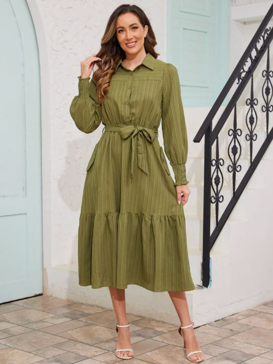 Walmart Frontwalk Fall Dresses For Women 2024 Lapel Neck Button Long Sleeve Dress Belted A-Line Flowy Rufflee Maxi Shirt Dress Casual Long Sundress Army Green XL