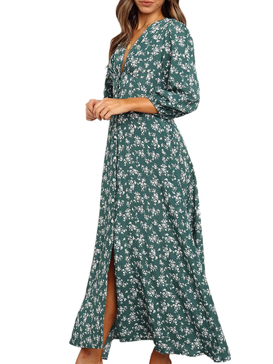 Womens Long Sleeve Bohemian Floral Maxi Dresses Loose Casual High Waist Boho Printed Maxi Dress Beach Party Dress - image 2 of 4
