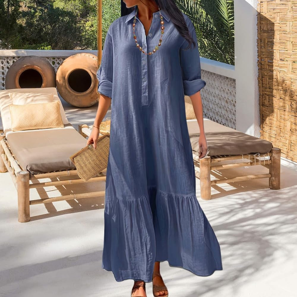 Walmart Womens Cotton Linen Dress Casual Button Down Long Sleeve Flowy Plus Size Lapel Collared Maxi Dresses Shirt Dress