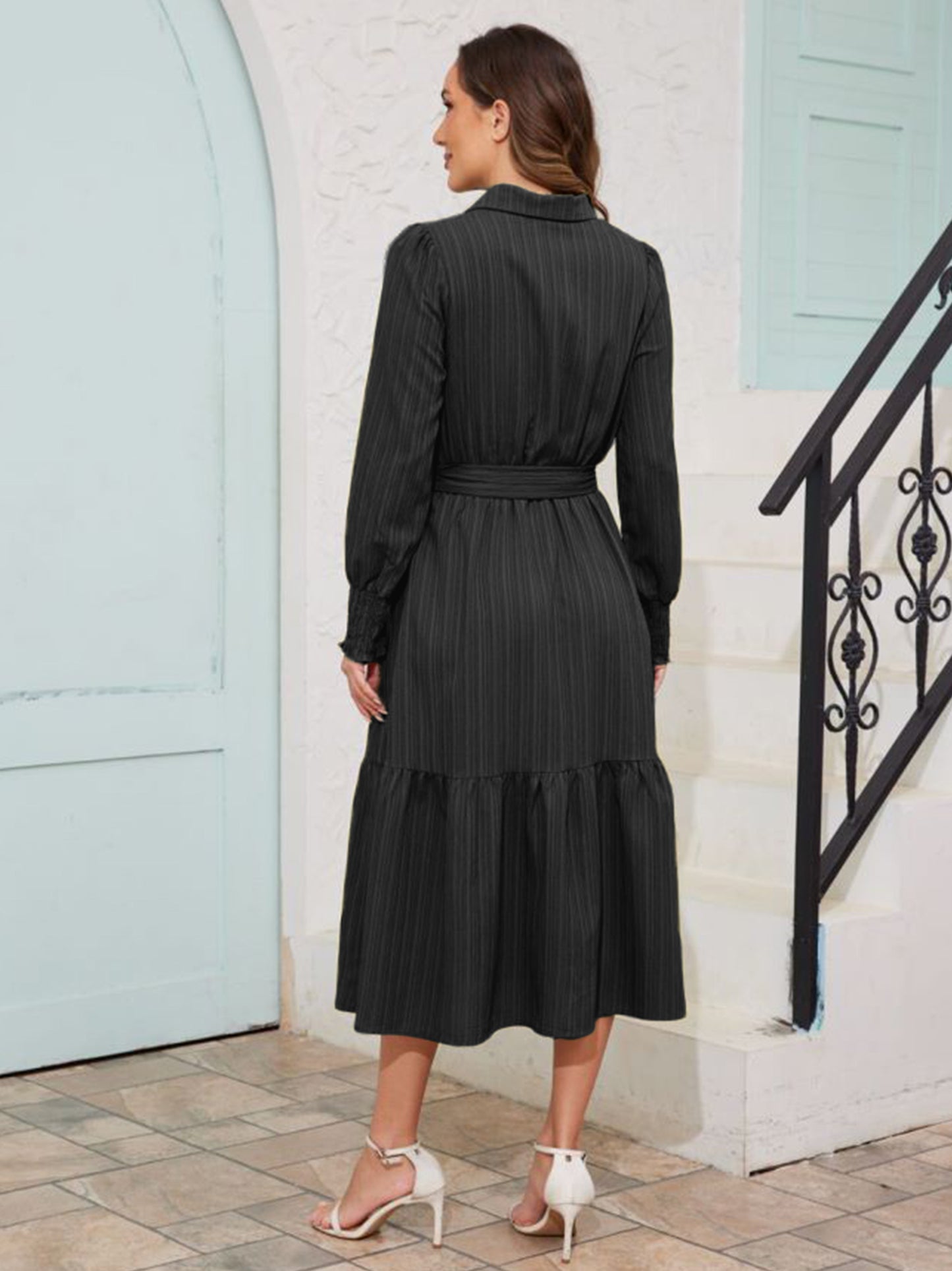 Walmart Frontwalk Fall Dresses For Women 2024 Lapel Neck Button Long Sleeve Dress Belted A-Line Flowy Rufflee Maxi Shirt Dress Casual Long Sundress Black XL