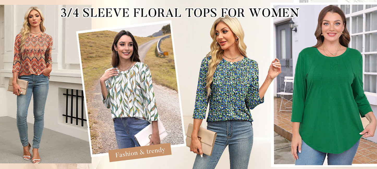 Walmart Fantaslook Womens Plus Size Tops 3/4 Sleeve Pleated Dressy Blouses Crew Neck Casual Tunic Tops Summer Shirts