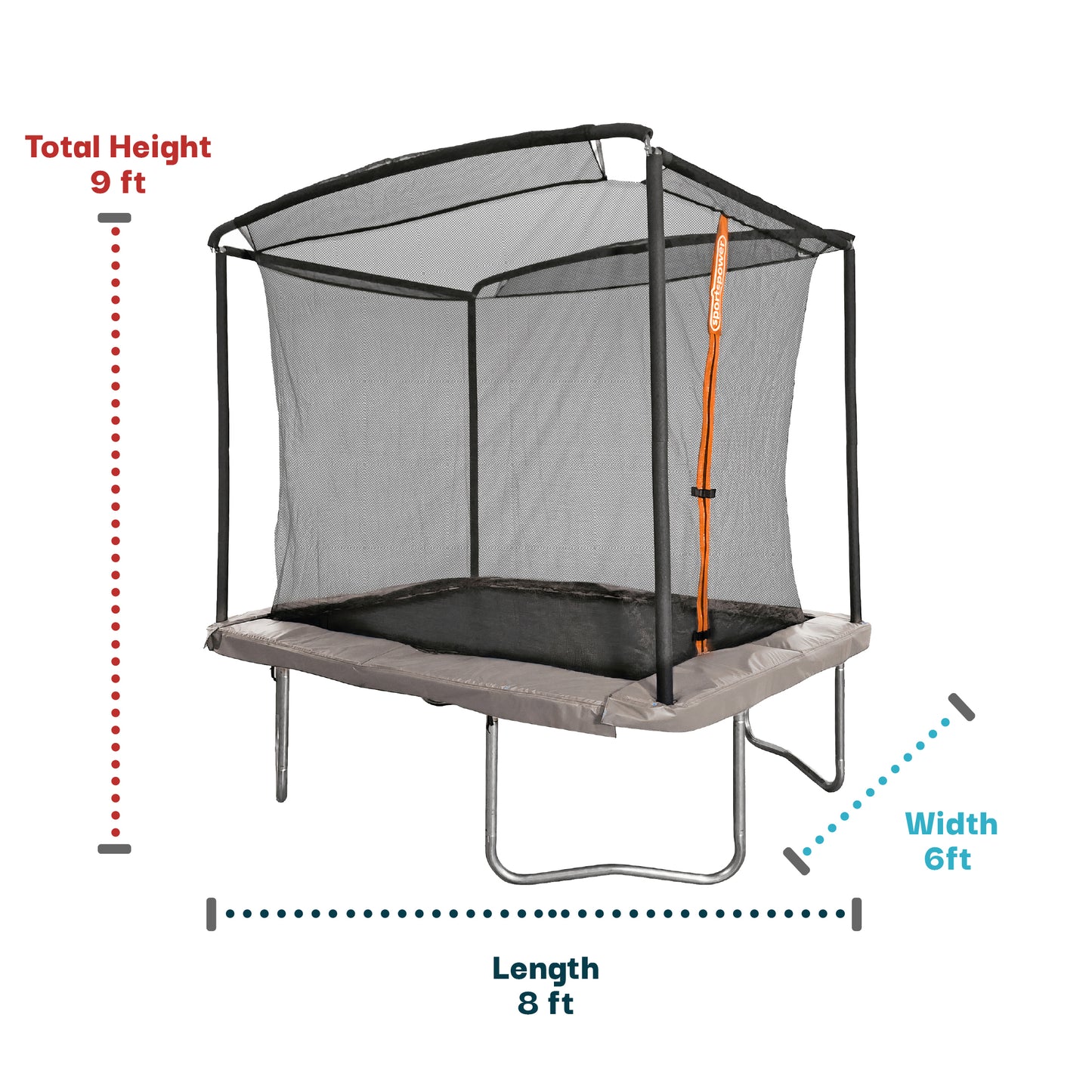 Walmart Sportspower Bounce Pro 6x8’ Rectangular Trampoline for Kids 6+ with Safety-Enclosure in Gray and Orange