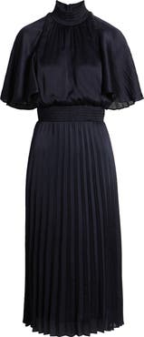 Flutter Sleeve Pleated Midi Dress