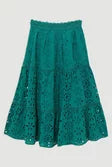 Eyelet Woven Midi Skirt With Guipure Trim