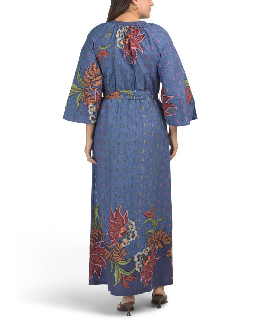 CELINA MOON Mock Neck Bell Sleeve Denim Floral Maxi Dress