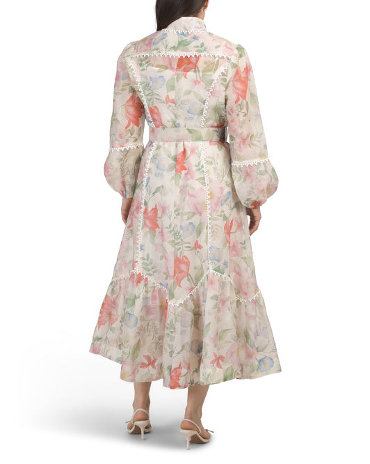 NANCY YANG Pom Pom Trim Floral Maxi Shirt Dress