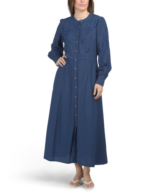 LEA Linen Blend Long Sleeve Embroidered Maxi Dress