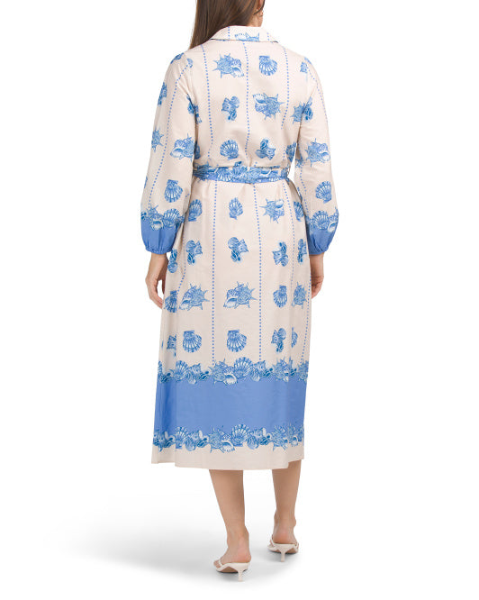 CELINA MOON Long Sleeve Shell Print Midi Dress