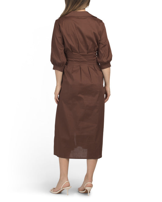 BLUE NAVY Made In Italy Three-quarter Sleeve Pleated Waist Maxi Dress