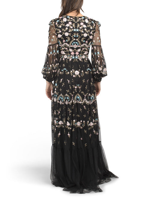 MAC DUGGAL Long Sleeve Floral Embroidered Tiered Gown