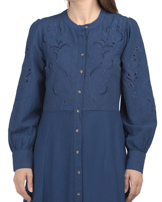 LEA Linen Blend Long Sleeve Embroidered Maxi Dress