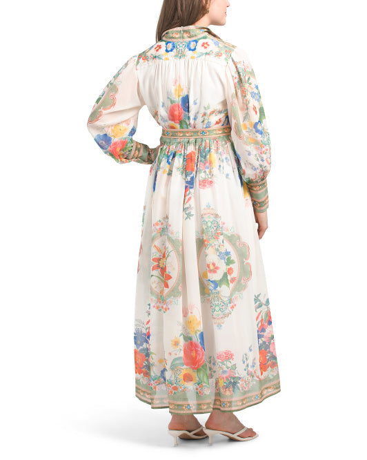 DALIA MACPHEE Long Sleeve Floral Maxi Dress With Belt
