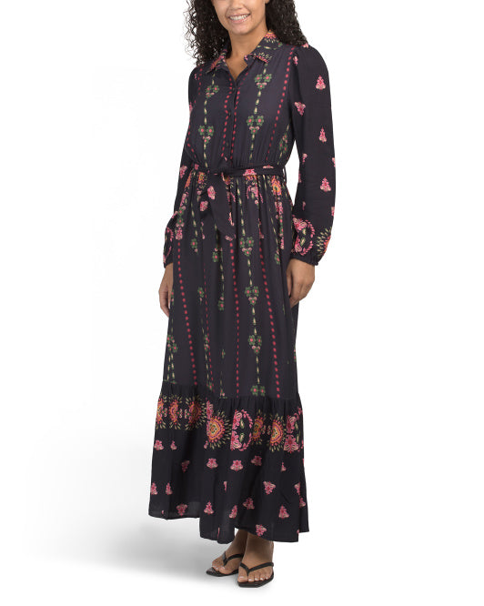 CELINA MOON Long Sleeve Floral Maxi Dress With Belt  thefrumshopper