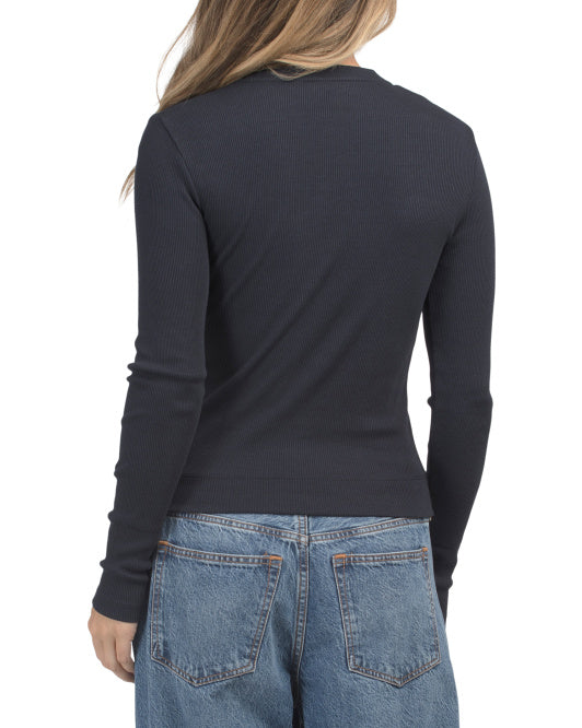 THEORY Pima Cotton Blend Tiny Ribbed Long Sleeve Sweater