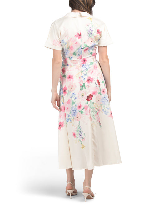 DALIA MACPHEE Short Sleeve Floral Maxi Dress With Belt