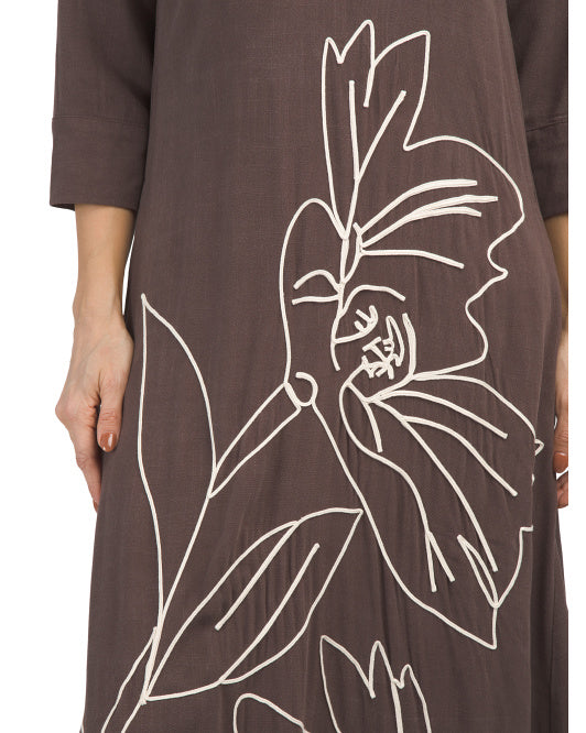 SOLITAIRE Linen Blend Three-quarter Sleeve Floral Soutache Maxi Dress