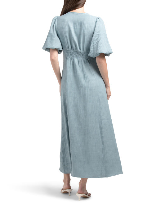 MAX STUDIO V-neck Bubble Sleeve Maxi Dress