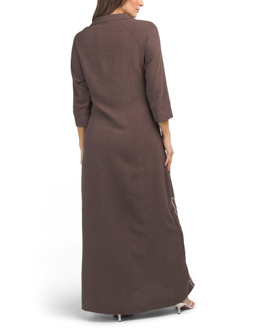 SOLITAIRE Linen Blend Three-quarter Sleeve Floral Soutache Maxi Dress