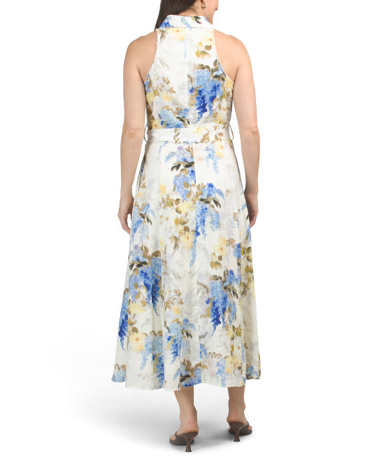 ELIE TAHARI Linen Blend Sleeveless Collar Button Down Maxi Dress With Buckle Belt
