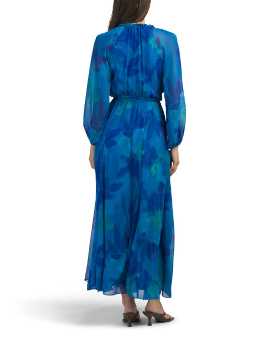 TAYLOR Long Sleeve V-neck Ruffle Collar Maxi Dress