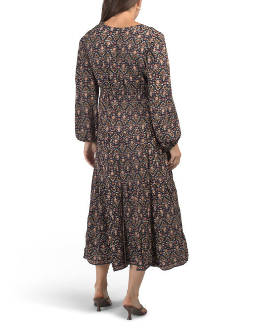 MAX STUDIO Three-quarter Sleeve V-neck Midi Dress