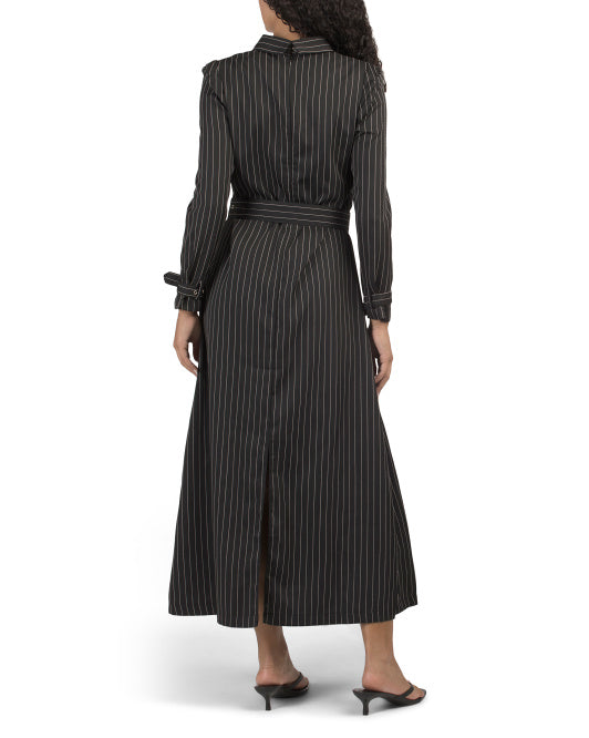 DALIA MACPHEE Pinstripe Long Sleeve Maxi Dress With Belt