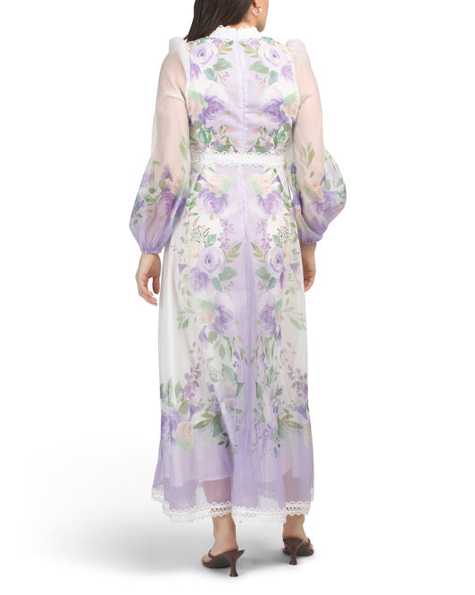 DALIA MACPHEE Balloon Sleeve Color Block Floral Maxi Dress With Lace Trim