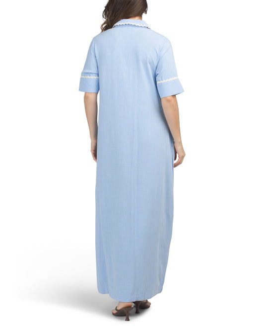 SOLITAIRE Linen Blend Short Sleeve Floral Soutache Maxi Dress