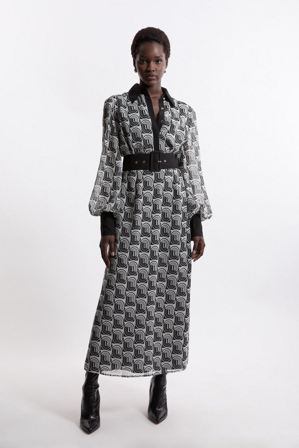 Petite Mono Print Belted Woven Maxi Dress