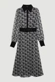 Petite Mono Print Belted Woven Maxi Dress