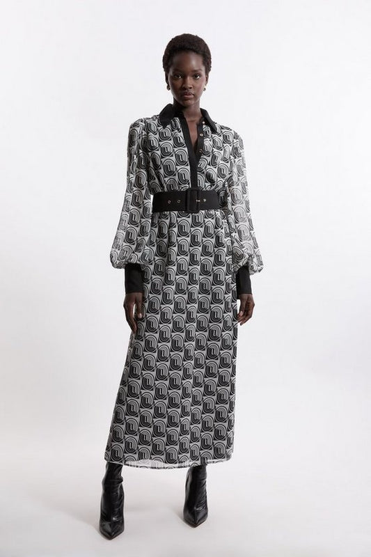 Petite Mono Print Belted Woven Maxi Dress
